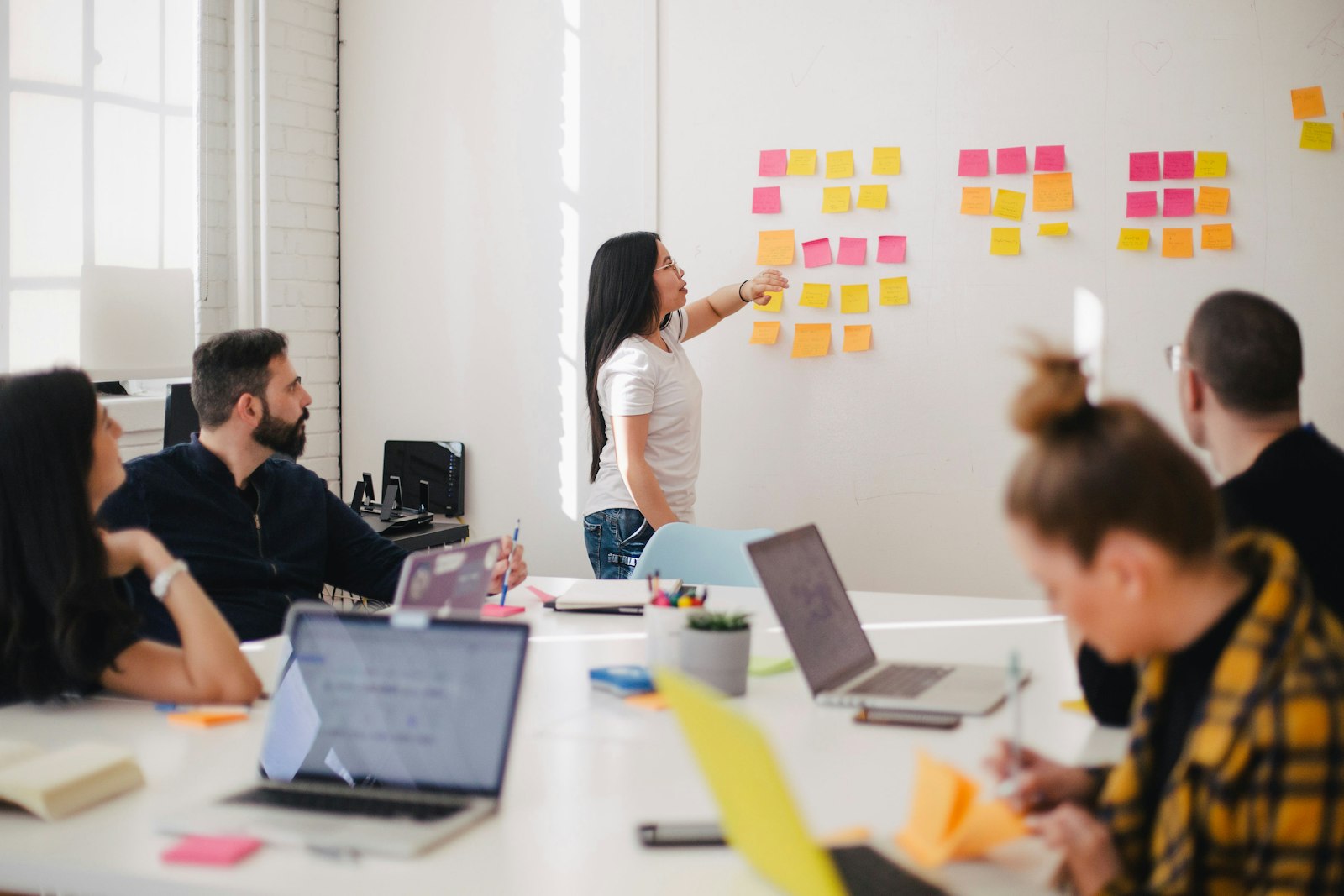 Planning a project on a wall of sticky notes
