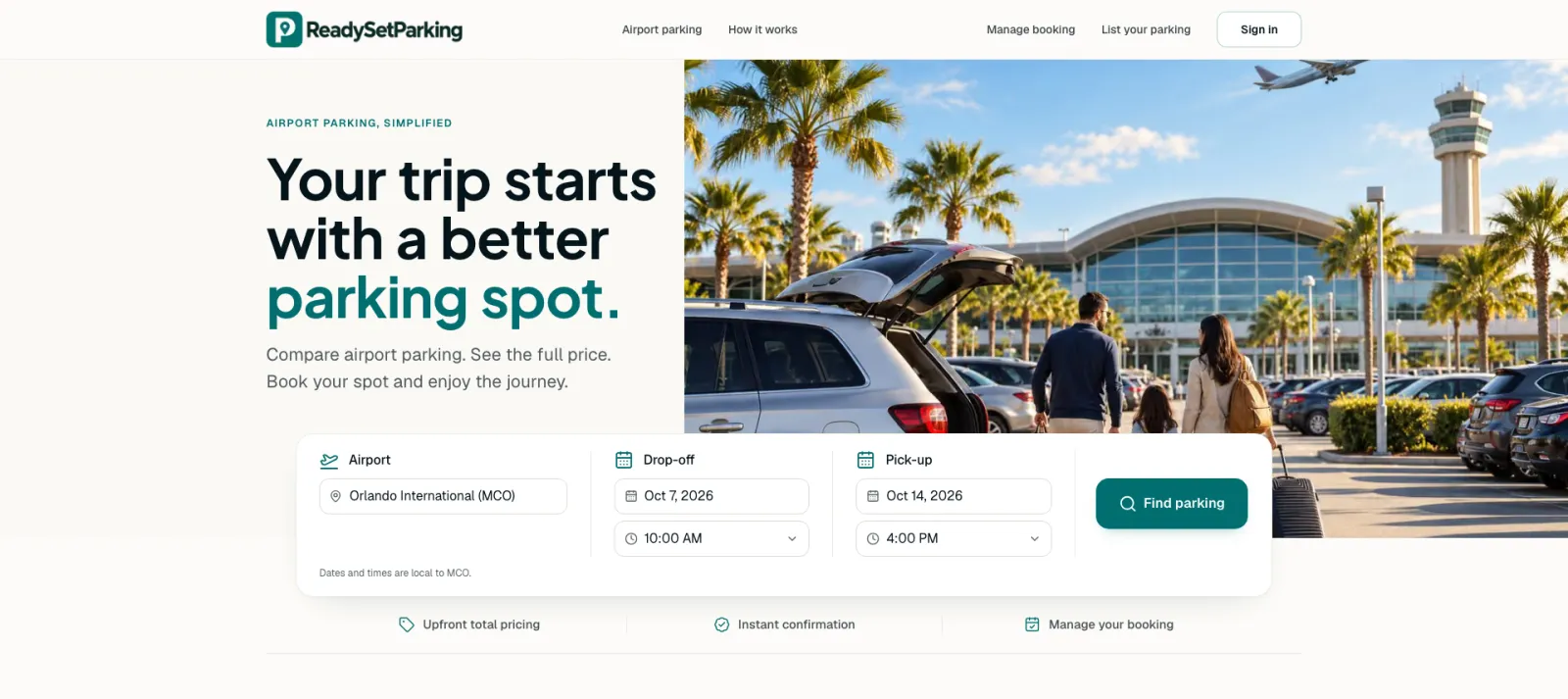 The home page of Ready Set Parking: the airport and the dates first, the full price next.